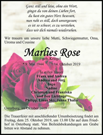 Traueranzeige von Marlies Rose (geb. Kriegel)  von Magdeburger Volksstimme
