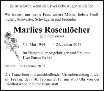 Traueranzeige von Marlies Rosenlöcher (geb. Schwarzer)  von Magdeburger Volksstimme