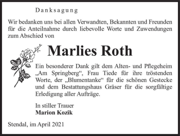 Traueranzeige von Marlies Roth  von Magdeburger Volksstimme