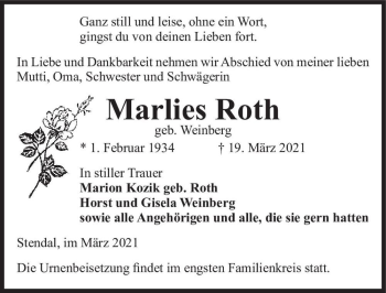 Traueranzeige von Marlies Roth (geb. Weinberg)  von Magdeburger Volksstimme