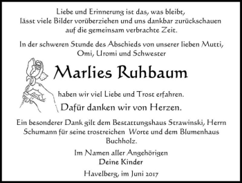 Traueranzeige von Marlies Ruhbaum  von Magdeburger Volksstimme