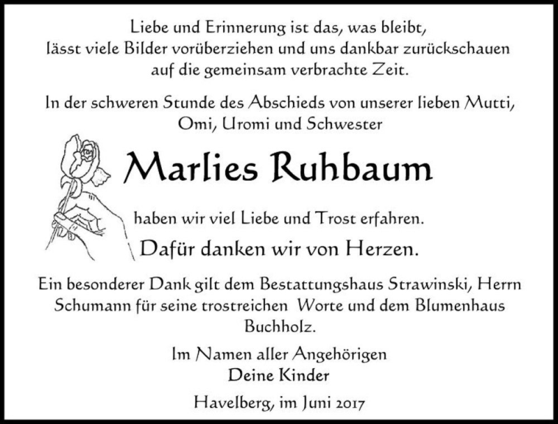  Traueranzeige für Marlies Ruhbaum  vom 24.06.2017 aus Magdeburger Volksstimme