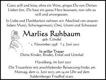 Traueranzeige von Marlies Ruhbaum (geb. Gündel)  von Magdeburger Volksstimme