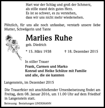 Traueranzeige von Marlies Ruhe (geb. Diedrich)  von Magdeburger Volksstimme
