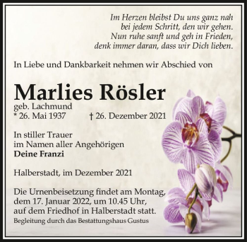 Traueranzeige von Marlies Rösler (geb. Lachmund)  von Magdeburger Volksstimme