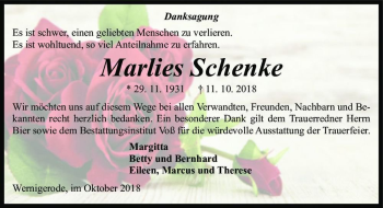 Traueranzeige von Marlies Schenke  von Magdeburger Volksstimme