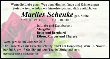 Traueranzeige von Marlies Schenke (geb. Stolte)  von Magdeburger Volksstimme