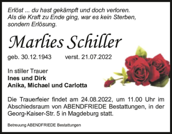 Traueranzeige von Marlies Schiller  von Magdeburger Volksstimme