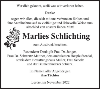 Traueranzeige von Marlies Schlichting  von Magdeburger Volksstimme