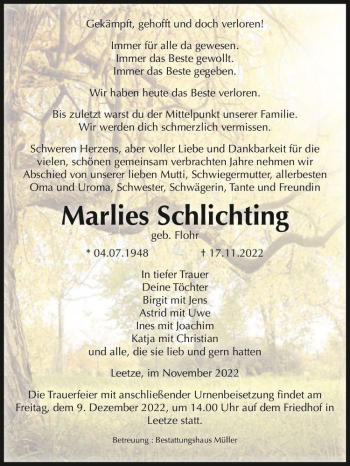 Traueranzeige von Marlies Schlichting (geb. Flohr)  von Magdeburger Volksstimme