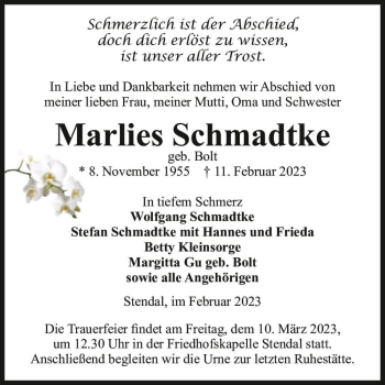 Traueranzeige von Marlies Schmadtke (geb. Bolt)  von Magdeburger Volksstimme