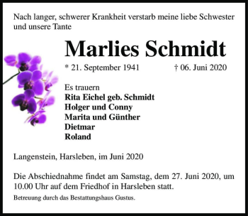 Traueranzeige von Marlies Schmidt  von Magdeburger Volksstimme
