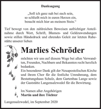 Traueranzeige von Marlies Schröder  von Magdeburger Volksstimme