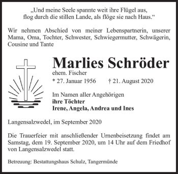 Traueranzeige von Marlies Schröder (ehem. Fischer)  von Magdeburger Volksstimme