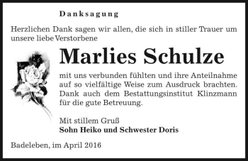 Traueranzeige von Marlies Schulze  von Magdeburger Volksstimme