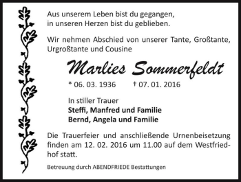 Traueranzeige von Marlies Sommerfeldt  von Magdeburger Volksstimme