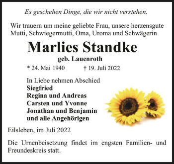 Traueranzeige von Marlies Standke (geb. Lauenroth)  von Magdeburger Volksstimme