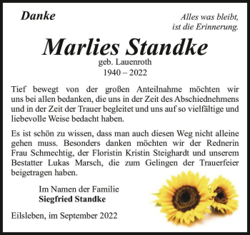 Traueranzeige von Marlies Standke (geb. Lauenroth)  von Magdeburger Volksstimme