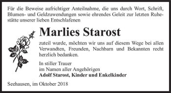 Traueranzeige von Marlies Starost  von Magdeburger Volksstimme