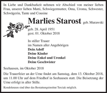 Traueranzeige von Marlies Starost (geb. Murawski)  von Magdeburger Volksstimme