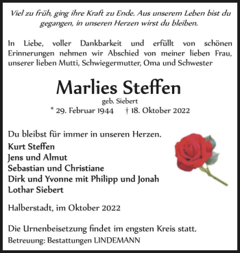 Traueranzeige von Marlies Steffen (geb. Siebert)  von Magdeburger Volksstimme