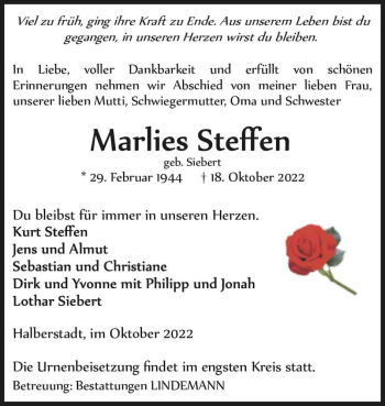 Traueranzeige von Marlies Steffen (geb. Siebert)  von Magdeburger Volksstimme