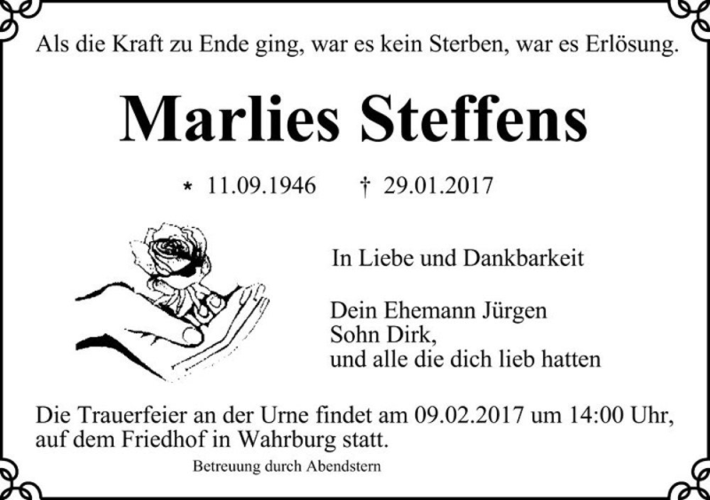  Traueranzeige für Marlies Steffens  vom 04.02.2017 aus Magdeburger Volksstimme