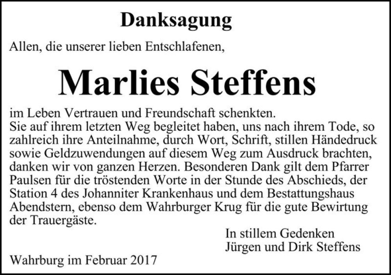  Traueranzeige für Marlies Steffens  vom 23.02.2017 aus Magdeburger Volksstimme