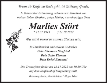 Traueranzeige von Marlies Stört  von Magdeburger Volksstimme