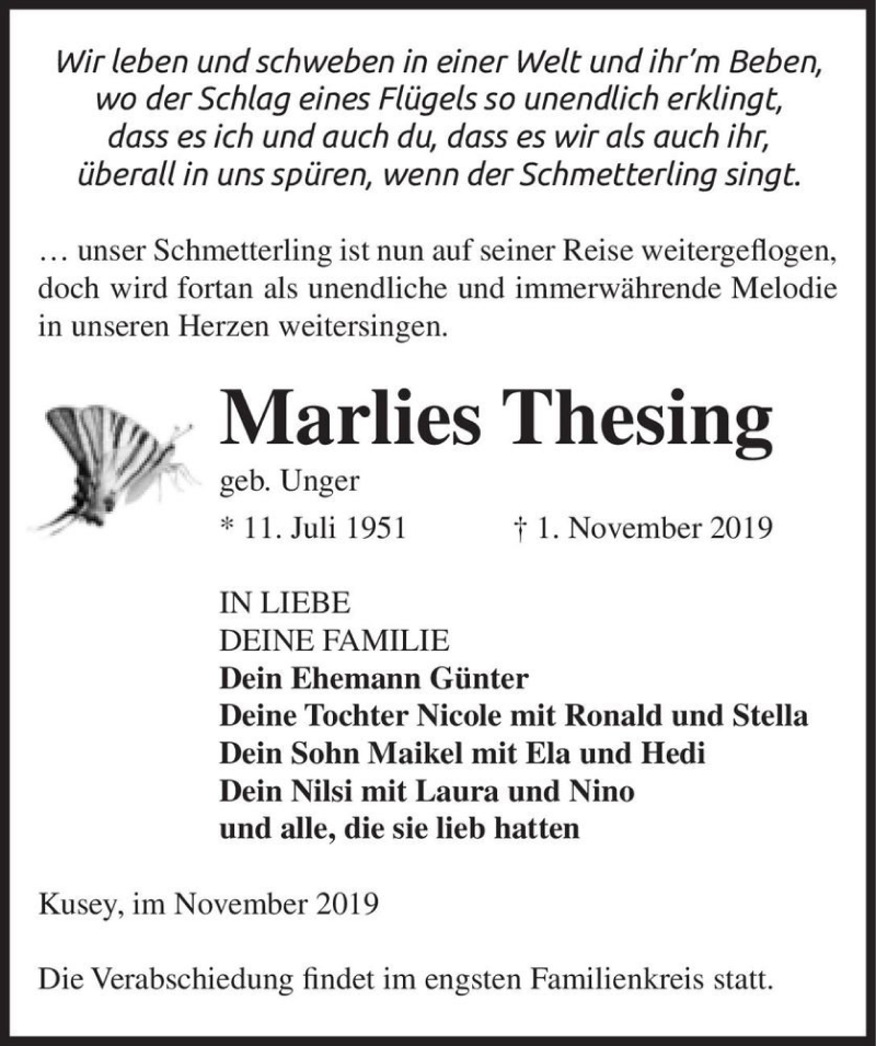  Traueranzeige für Marlies Thesing (geb. Unger)  vom 06.11.2019 aus Magdeburger Volksstimme