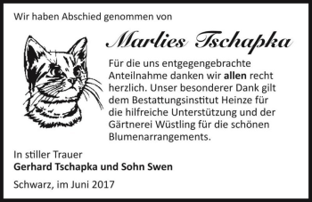 Traueranzeige von Marlies Tschapka  von Magdeburger Volksstimme