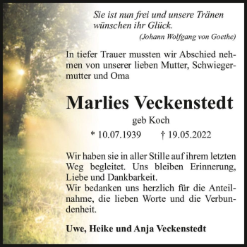 Traueranzeige von Marlies Veckenstedt (geb. Koch)  von Magdeburger Volksstimme