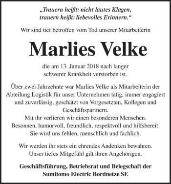 Traueranzeige von Marlies Velke  von Magdeburger Volksstimme