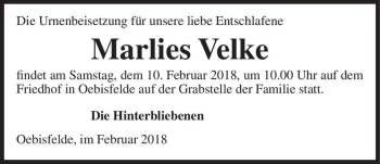 Traueranzeige von Marlies Velke  von Magdeburger Volksstimme