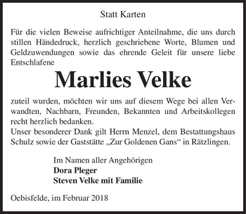 Traueranzeige von Marlies Velke  von Magdeburger Volksstimme