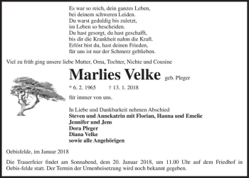 Traueranzeige von Marlies Velke (geb. Pleger)  von Magdeburger Volksstimme
