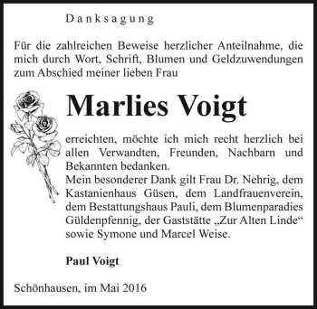 Traueranzeige von Marlies Voigt  von Magdeburger Volksstimme