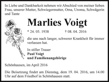 Traueranzeige von Marlies Voigt  von Magdeburger Volksstimme