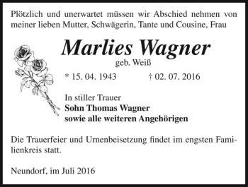 Traueranzeige von Marlies Wagner (geb, Weiß)  von Magdeburger Volksstimme