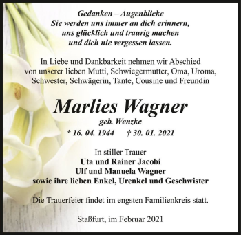 Traueranzeige von Marlies Wagner (geb. Wenzke)  von Magdeburger Volksstimme