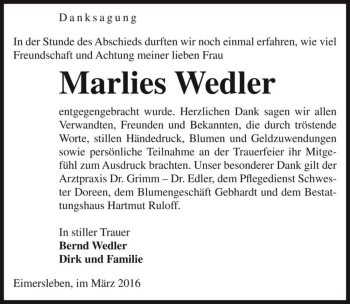 Traueranzeige von Marlies Wedler  von Magdeburger Volksstimme