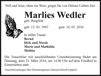 Traueranzeige von Marlies Wedler (geb. Burgfeld)  von Magdeburger Volksstimme