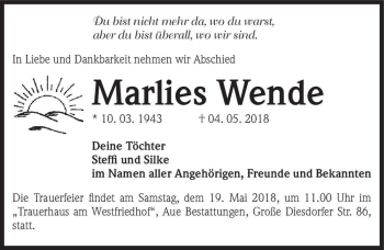 Traueranzeige von Marlies Wende  von Magdeburger Volksstimme