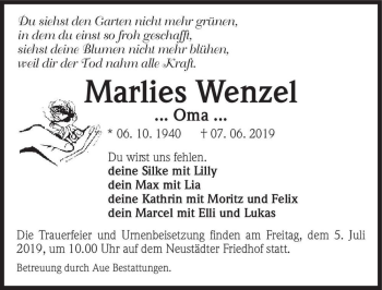Traueranzeige von Marlies Wenzel  von Magdeburger Volksstimme