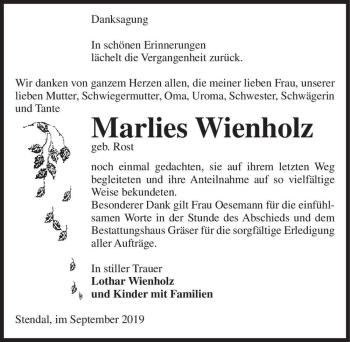 Traueranzeige von Marlies Wienholz (geb. Rost)  von Magdeburger Volksstimme