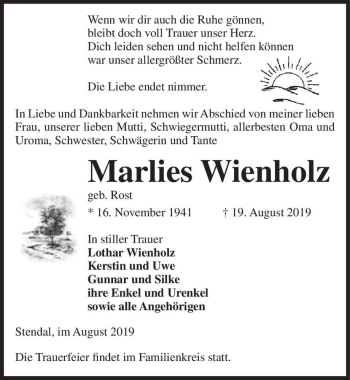 Traueranzeige von Marlies Wienholz (geb. Rost)  von Magdeburger Volksstimme