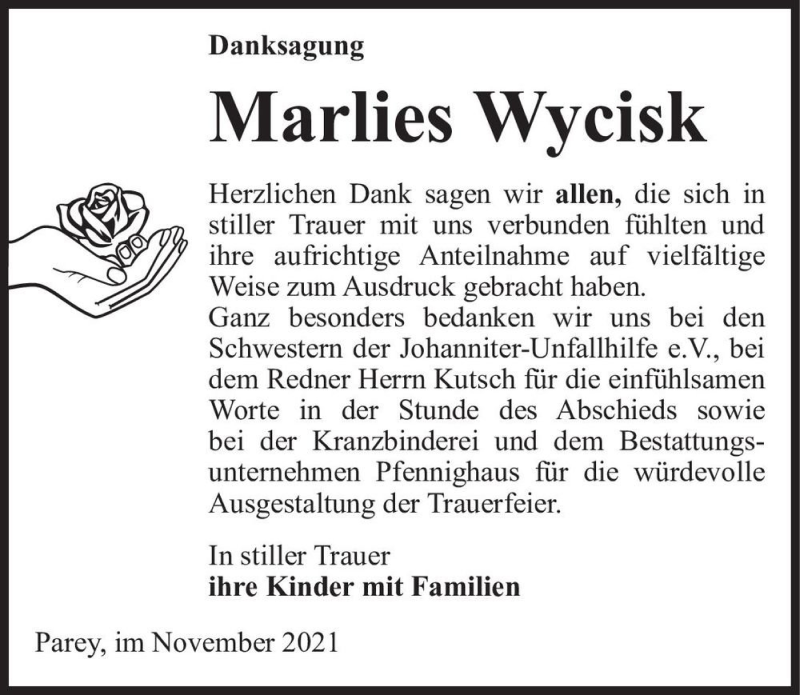  Traueranzeige für Marlies Wycisk  vom 27.11.2021 aus Magdeburger Volksstimme