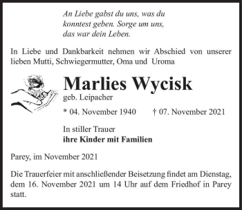 Traueranzeige von Marlies Wycisk (geb. Leipacher)  von Magdeburger Volksstimme