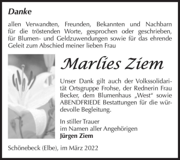 Traueranzeige von Marlies Ziem  von Magdeburger Volksstimme