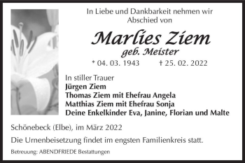 Traueranzeige von Marlies Ziem (geb. Meister)  von Magdeburger Volksstimme